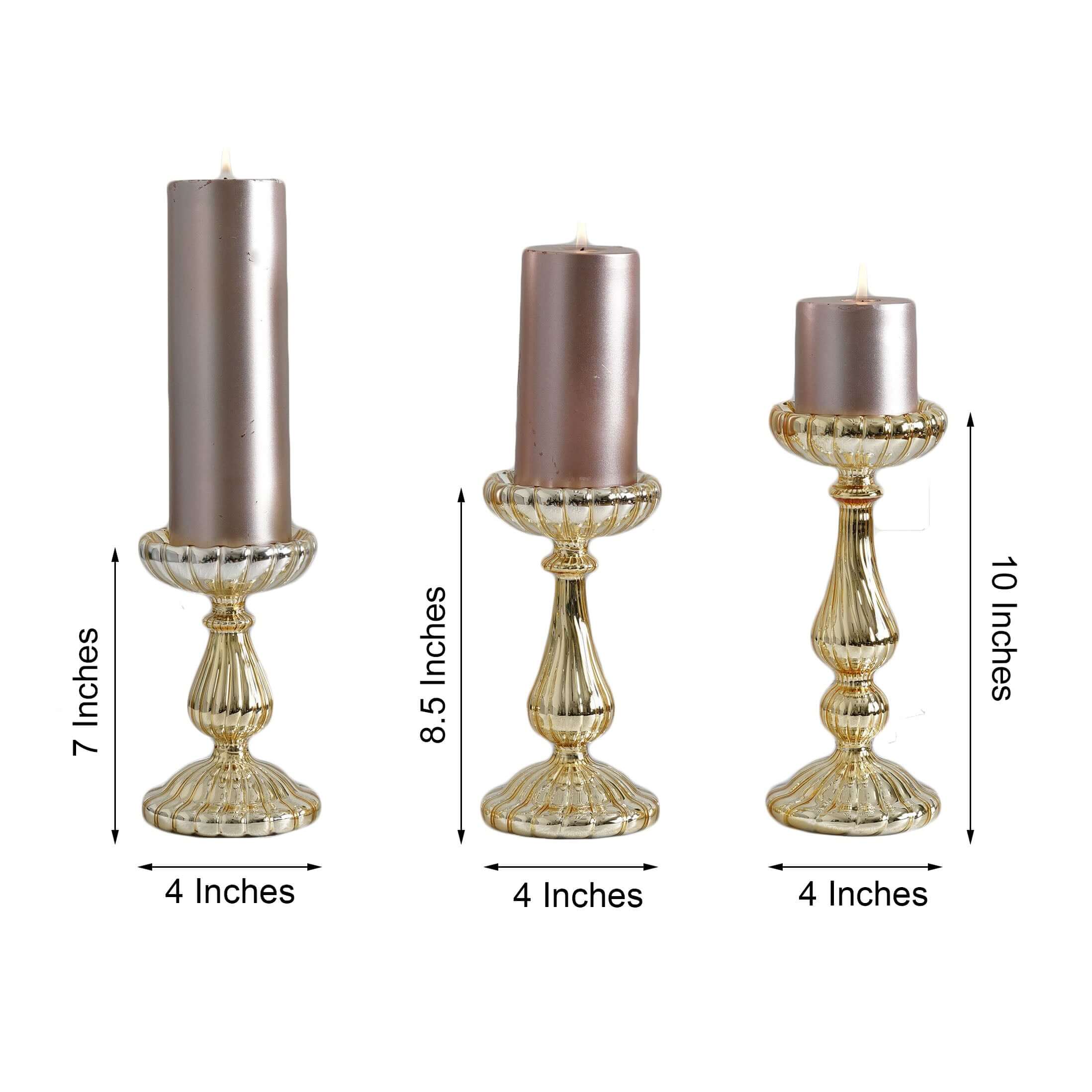 Set of 3 Candle Holder Stands Gold Mercury Glass Pillar Design - Stylish Votive Centerpieces for Tables & Decor 7", 8", 10"