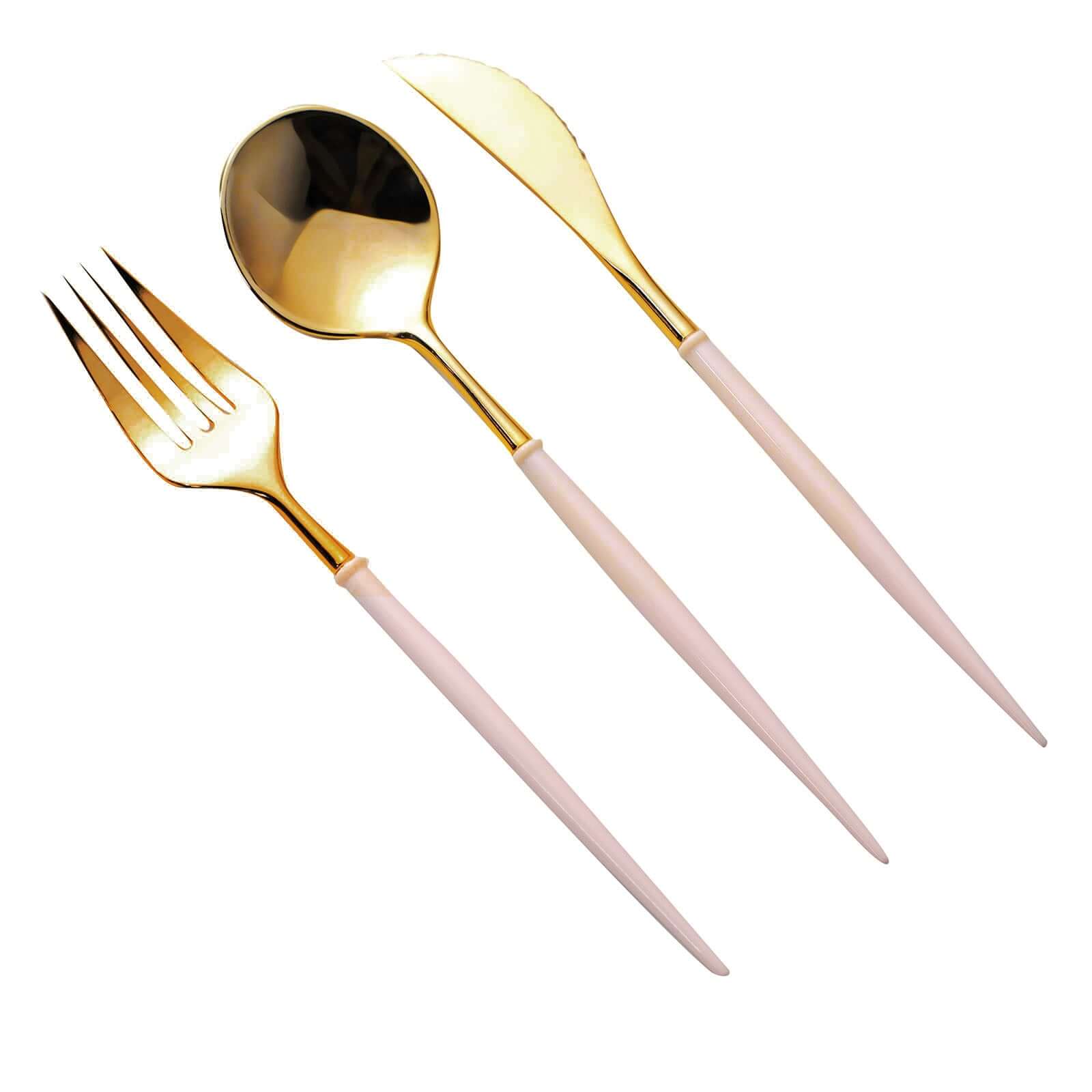 24-Pack Plastic Flatware Set in Metallic Gold with Blush Handle - Heavy Duty Disposable Modern Silverware 8"