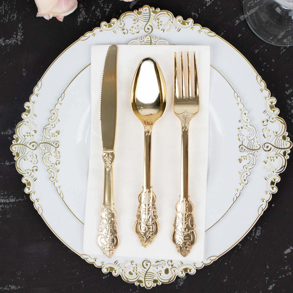 24 Pcs Plastic Silverware Set in Baroque Style Metallic Gold - Heavy Duty Disposable Knife, Fork, and Spoon Set