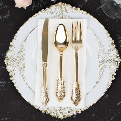 24 Pcs Plastic Silverware Set in Baroque Style Metallic Gold - Heavy Duty Disposable Knife, Fork, and Spoon Set