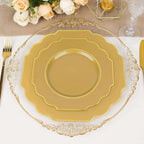 10-Pack Plastic Dessert Appetizer Plates in Gold Baroque Design with Scalloped Gold Rim - Heavy Duty Disposable Salad Plates 8"