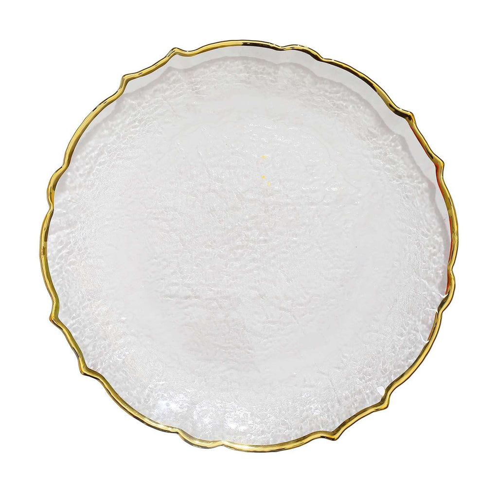 8-Pack Glass Round Charger Plates 13" in Clear with Gold Sunflower Scalloped Rim, Decorative Dinner Chargers