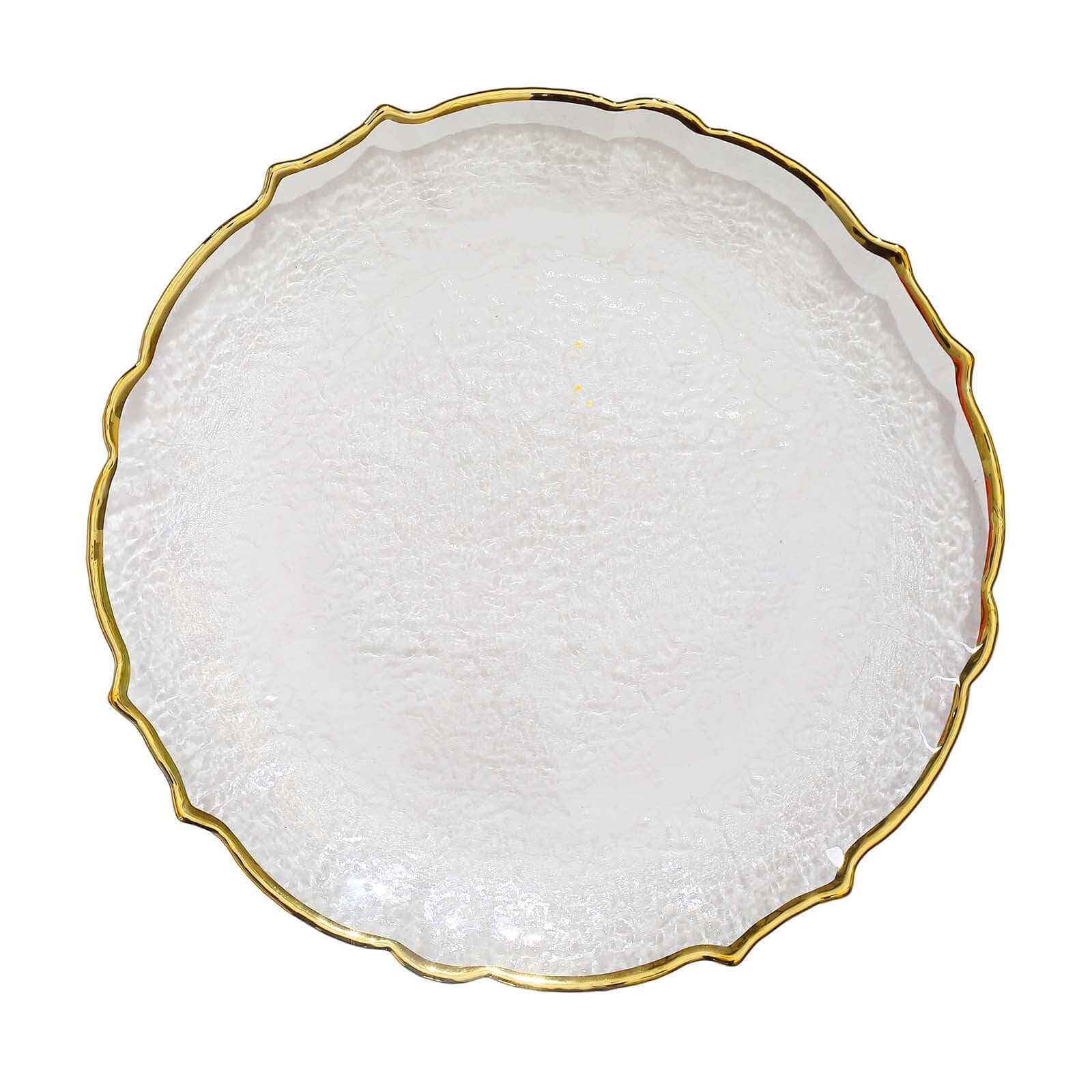 8-Pack Glass Round Charger Plates 13" in Clear with Gold Sunflower Scalloped Rim, Decorative Dinner Chargers