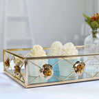 Set of 2 Metal Mirrored Rectangle Serving Trays in Gold with Rose Borders, Glamorous Decorative Vanity Tray Centerpiece 15"x8", 19"x12"