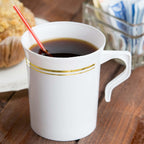 8-Pack Plastic Coffee Mugs White with Gold Stripes - Sturdy Disposable Cups for Coffee and Tea 8oz 4"