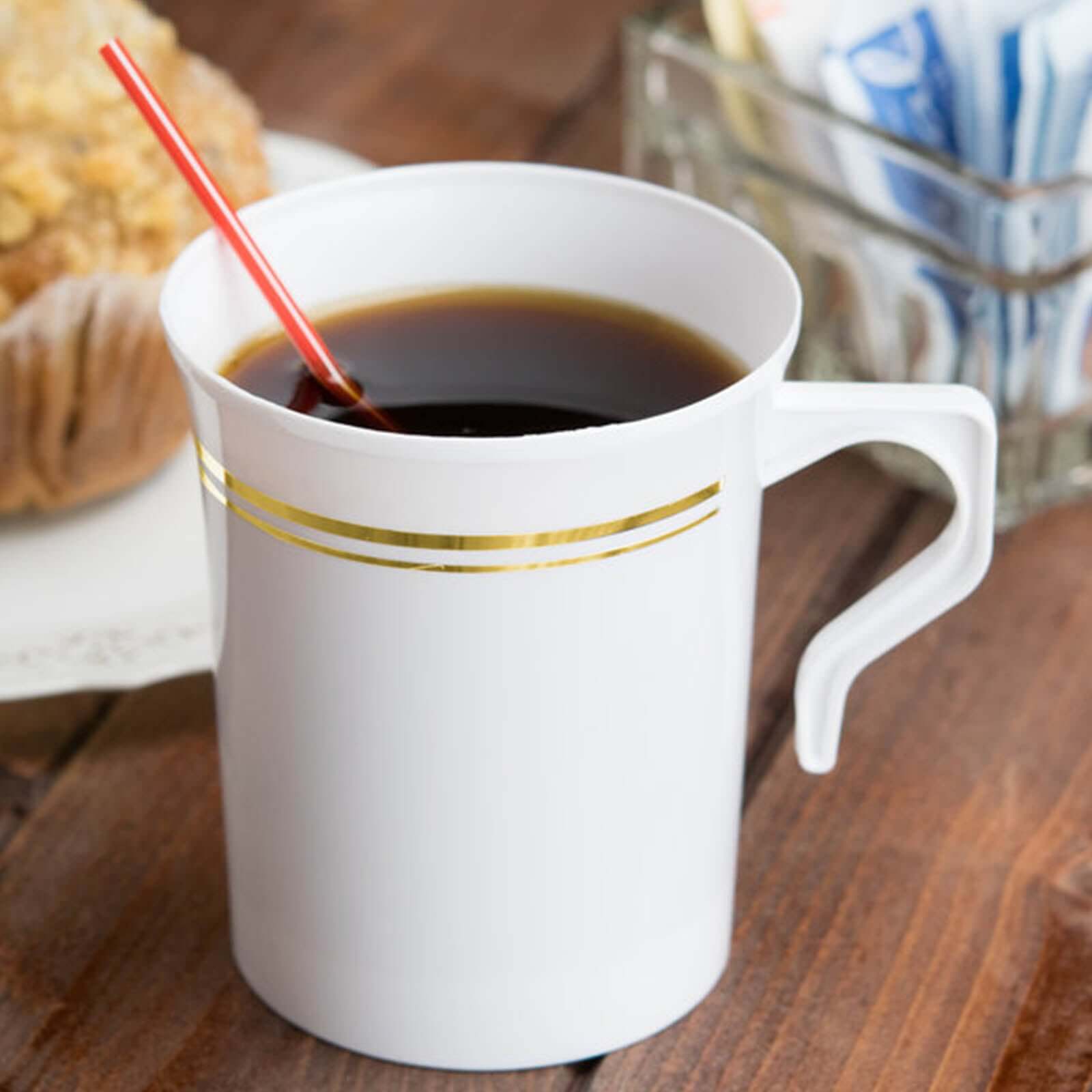 8-Pack Plastic Coffee Mugs White with Gold Stripes - Sturdy Disposable Cups for Coffee and Tea 8oz 4"