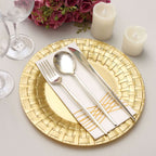 10-Pack Plastic Dinner Plates Gold Basketweave Rim - Durable Disposable Dinner Plates 10"