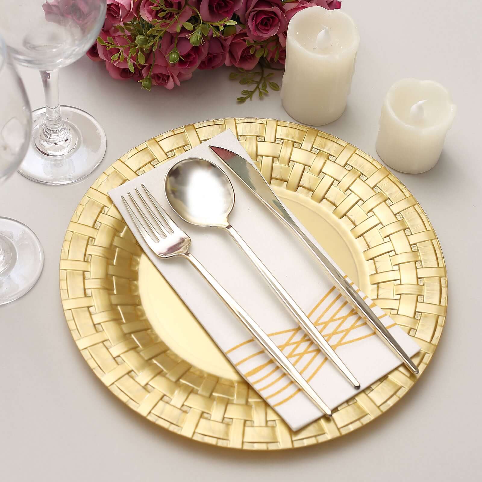 10-Pack Plastic Dinner Plates Gold Basketweave Rim - Durable Disposable Dinner Plates 10"