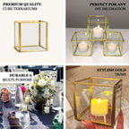 3-Pack Glass Tealight Votive Candle Holders Square Cube Design Clear with Gold Metal Frame - Stackable 3"