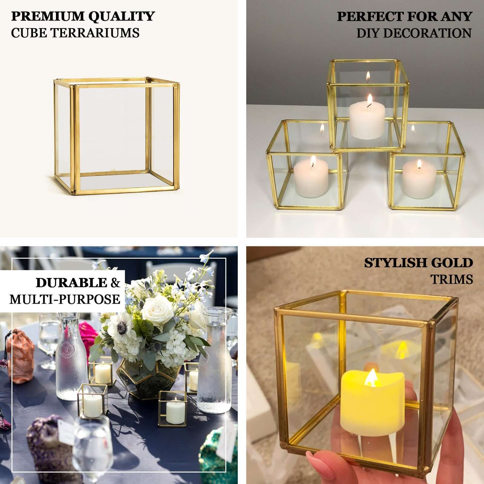 3-Pack Glass Tealight Votive Candle Holders Square Cube Design Clear with Gold Metal Frame - Stackable 3"