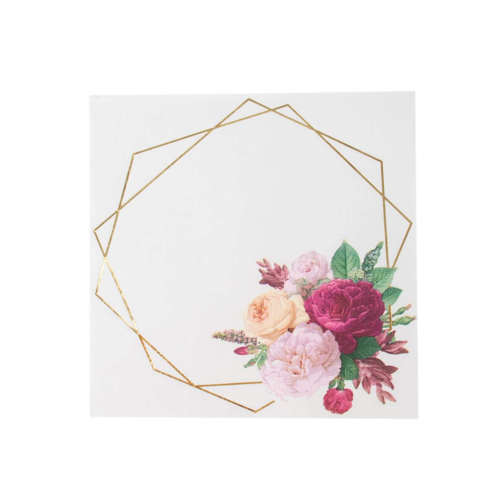 20-Pack Paper Napkins White with Gold Hexagon Frame & Floral Print 6.5"
