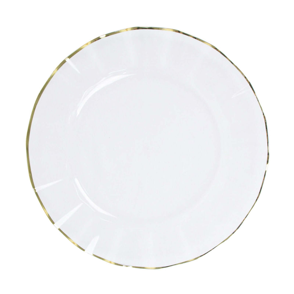 10-Pack Plastic 11" Round Dinner Plates in Clear Ruffled Rim with Gold Edging - Sturdy Disposable Dinnerware