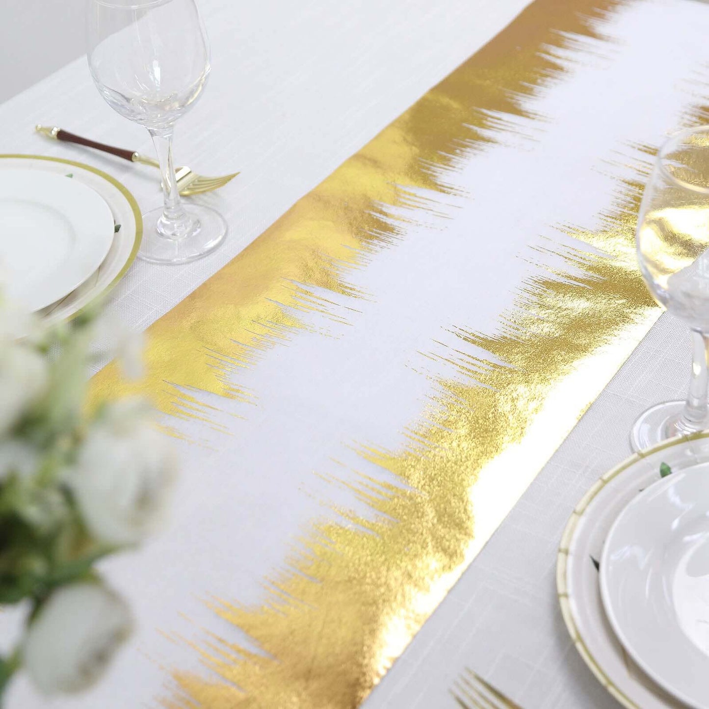 Disposable Table Runner Roll 108" Metallic Gold Foil Icicle Pattern - Stylish Non-Woven Table Decor for Special Occasions