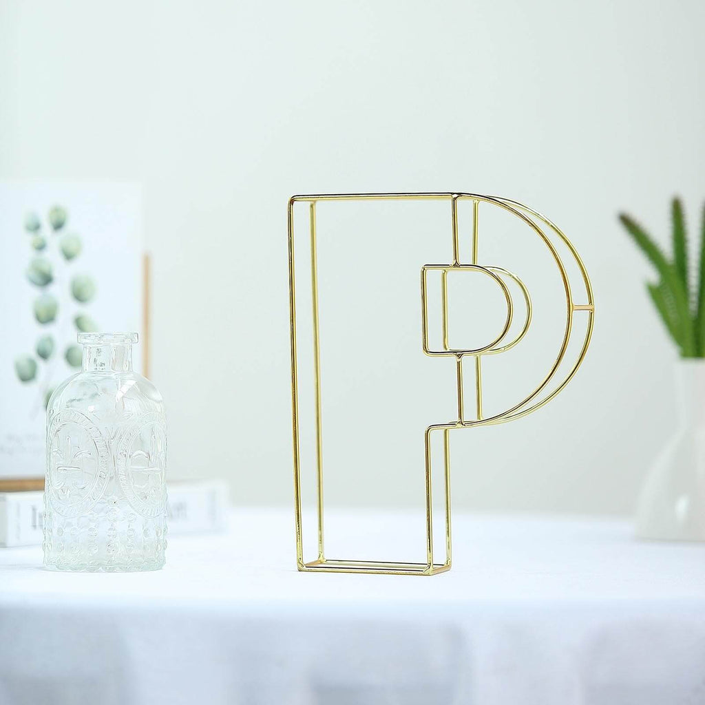 8" Tall Gold Freestanding 3D Decorative Wire Letter, Wedding Centerpiece - P