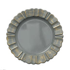 6-Pack Acrylic Plastic Round Charger Plates 13" in Charcoal Gray with Gold Brushed Wavy Scalloped Rim, Decorative Dinner Party Charger Tableware