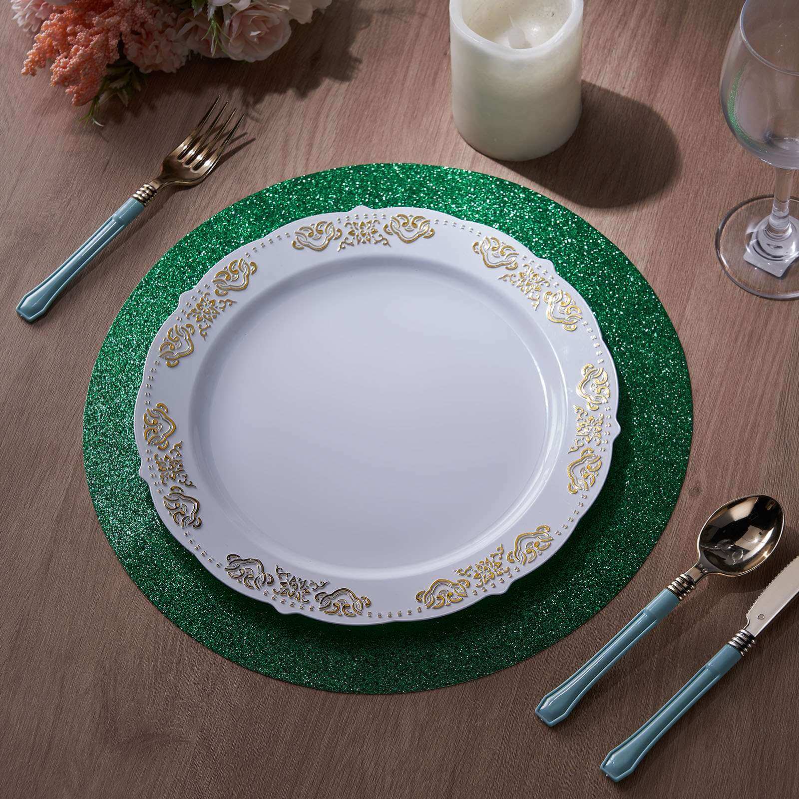 6-Pack Placemats Glitter Design Green Sparkle Round - Non-Slip Decorative Dining Table Mats 13"