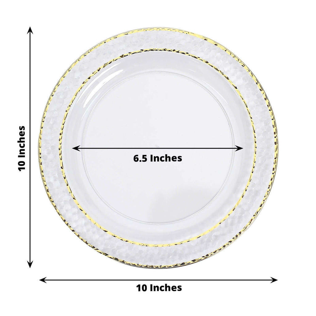 10-Pack Plastic 10" Round Dinner Plates in Clear Hammered Design with Gold Rim - Disposable Party Plates for Chic Banquets & Special Occasions