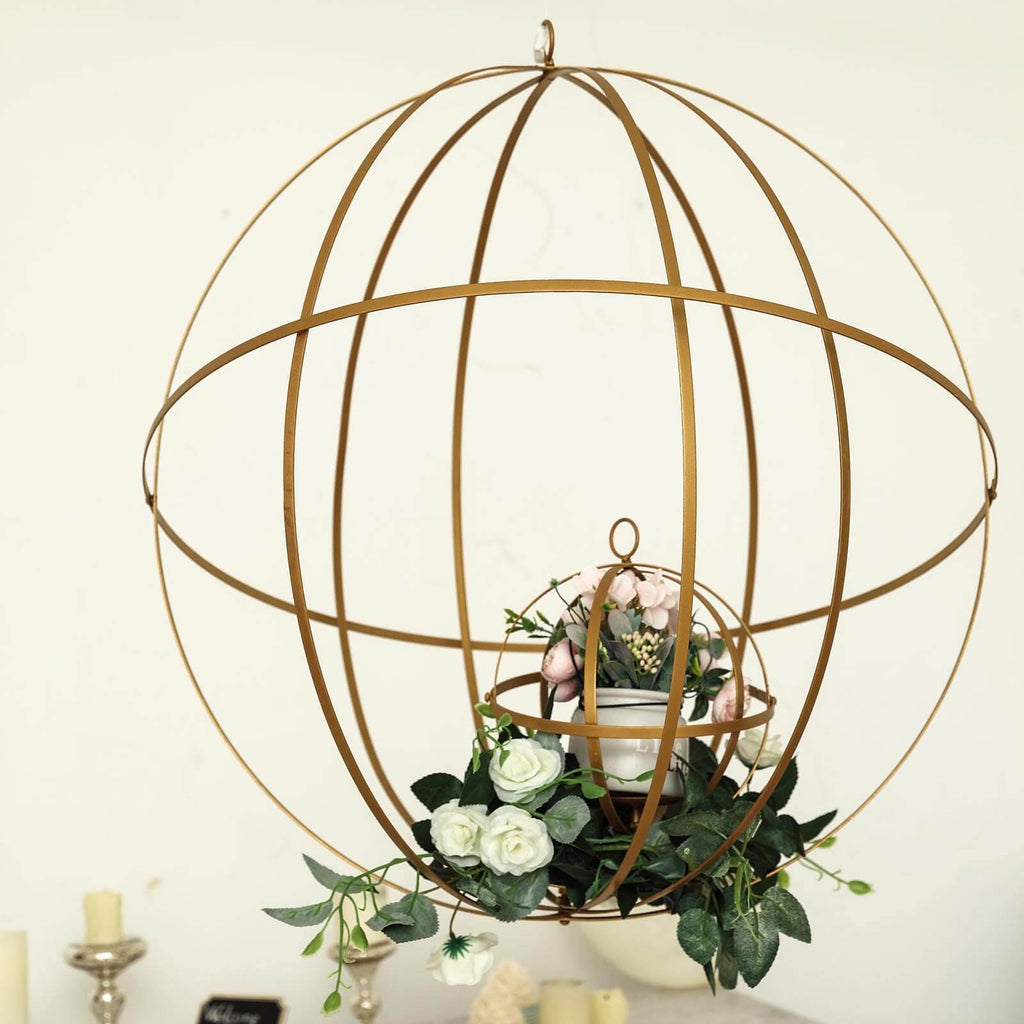 Hanging Sphere Candle Holder Gold Wrought Iron Event Display Accent - Centerpiece 24"