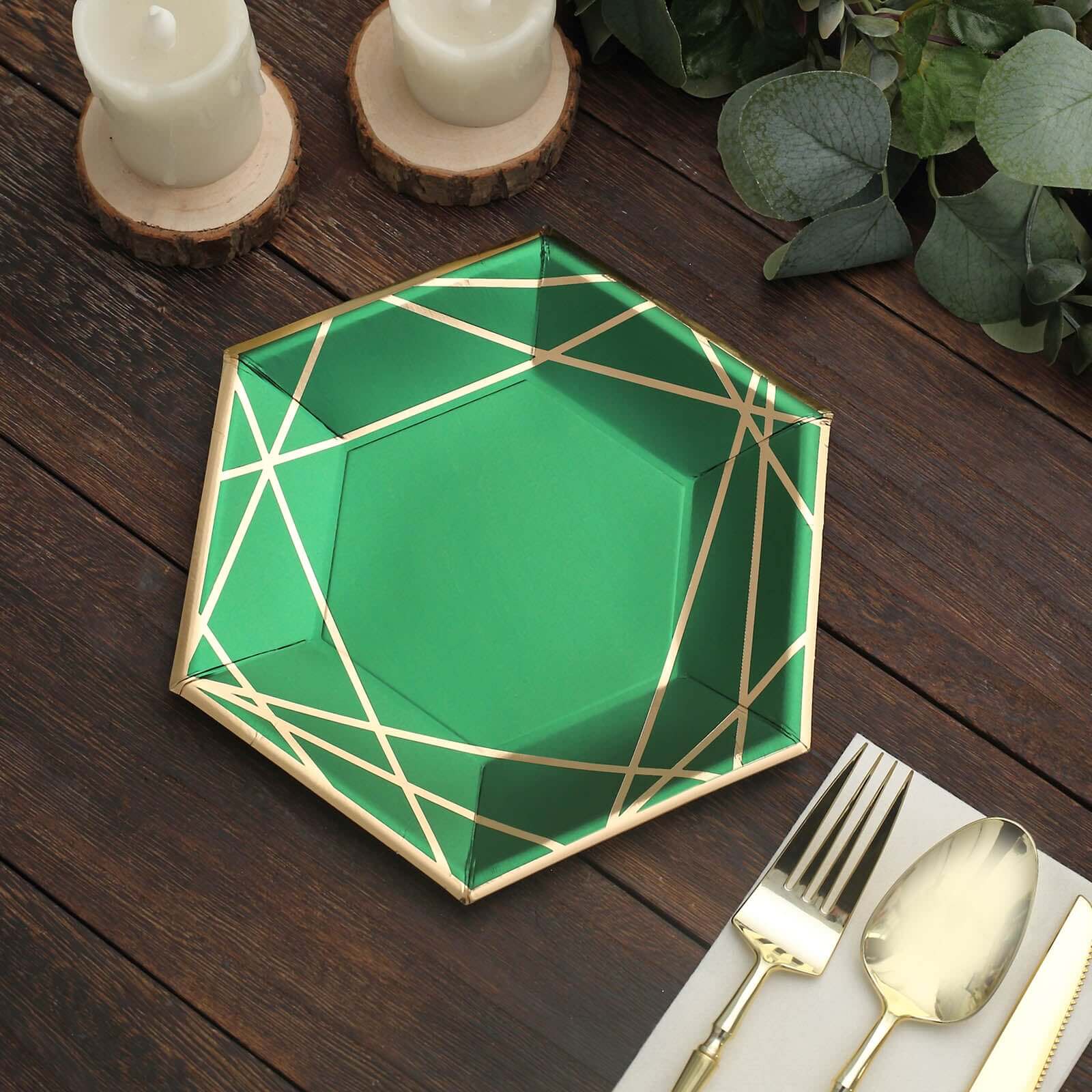 25-Pack Paper 7" Hexagon Dessert Plates in Hunter Emerald Green with Gold Geometric Lines & Rim - Stylish Disposable Geometric 300GSM Appetizer Salad Plates