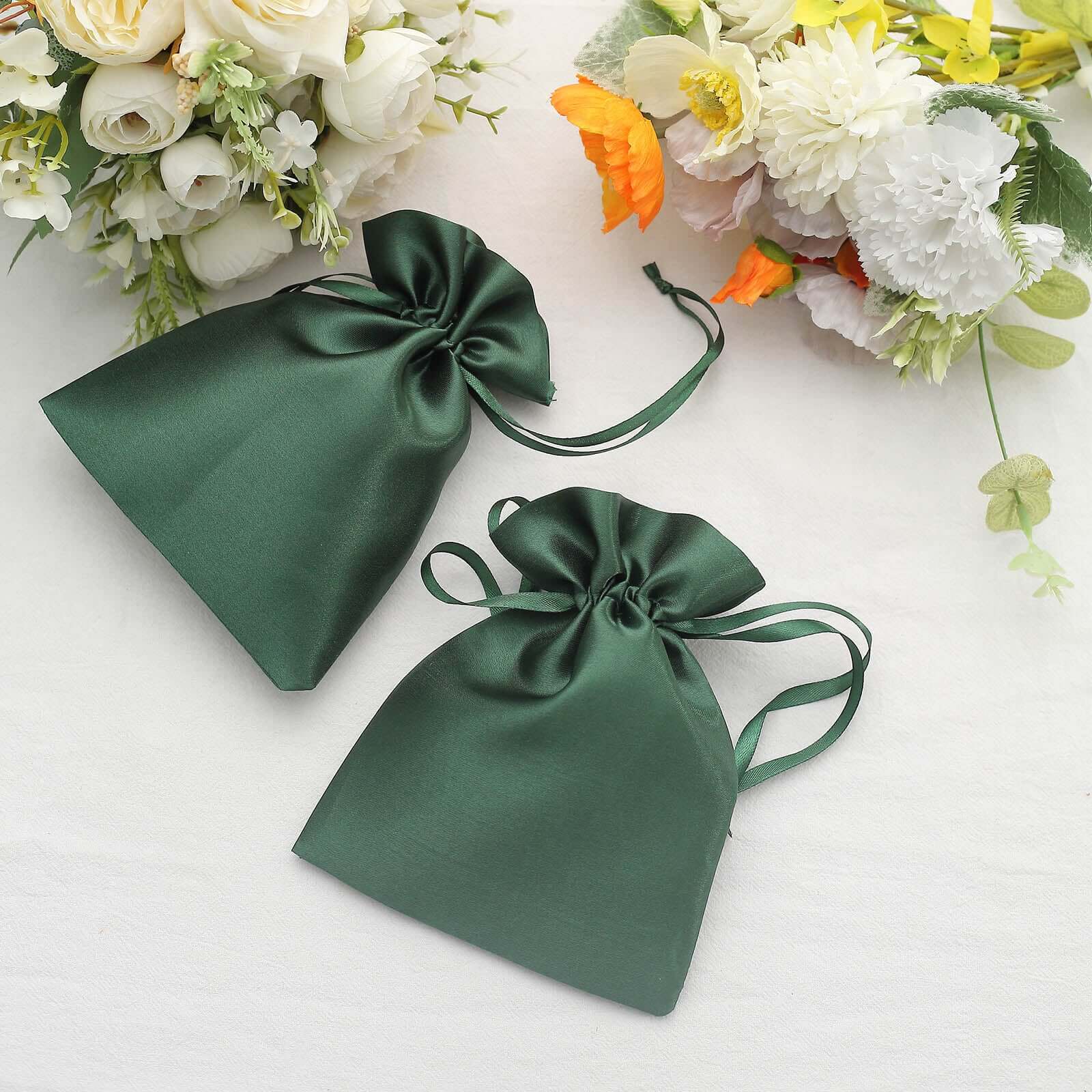 12 Pack 5"x7" Hunter Emerald Green Satin Wedding Party Favor Bags, Drawstring Pouch Gift Bags