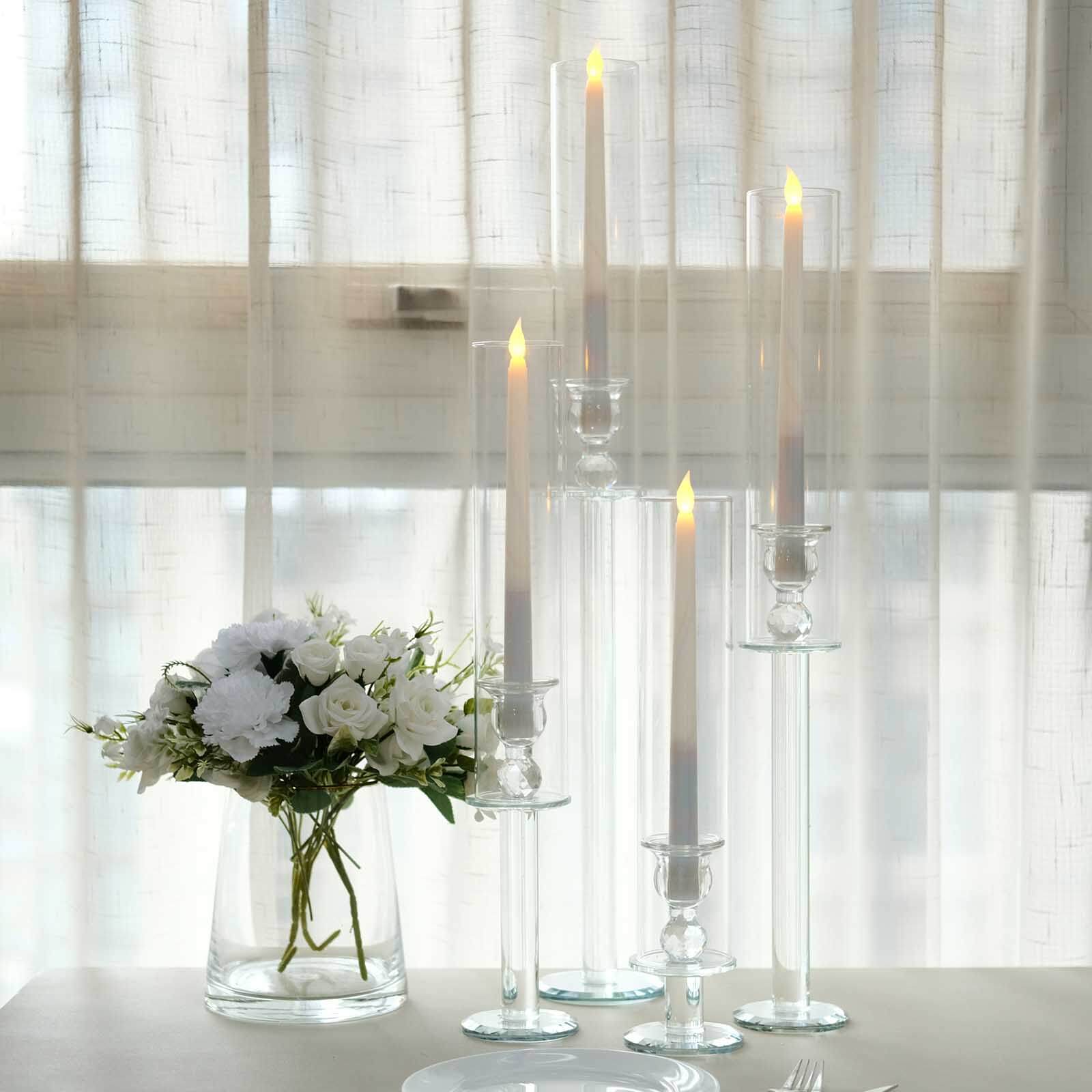 Set of 4 Crystal Glass Hurricane Taper Candle Holders, Decorative Tall Candle Stands Clear Cylinder Chimney Tubes 14", 18", 22", 26"