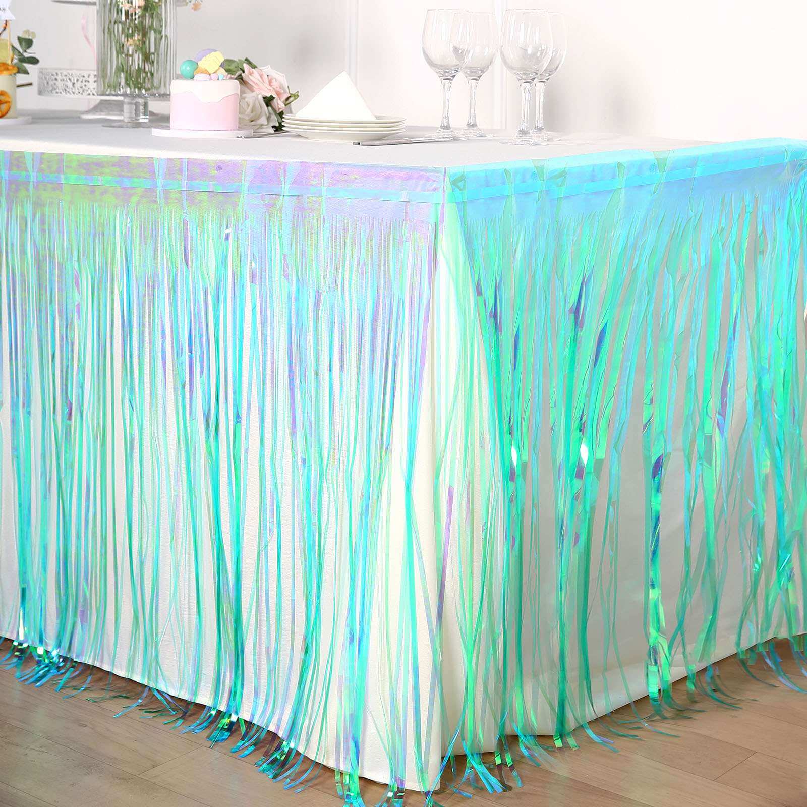 Metallic Foil Fringe Table Skirt Iridescent Blue with Self Adhesive Backing - Durable Tinsel Skirt for Parties 30"x9ft