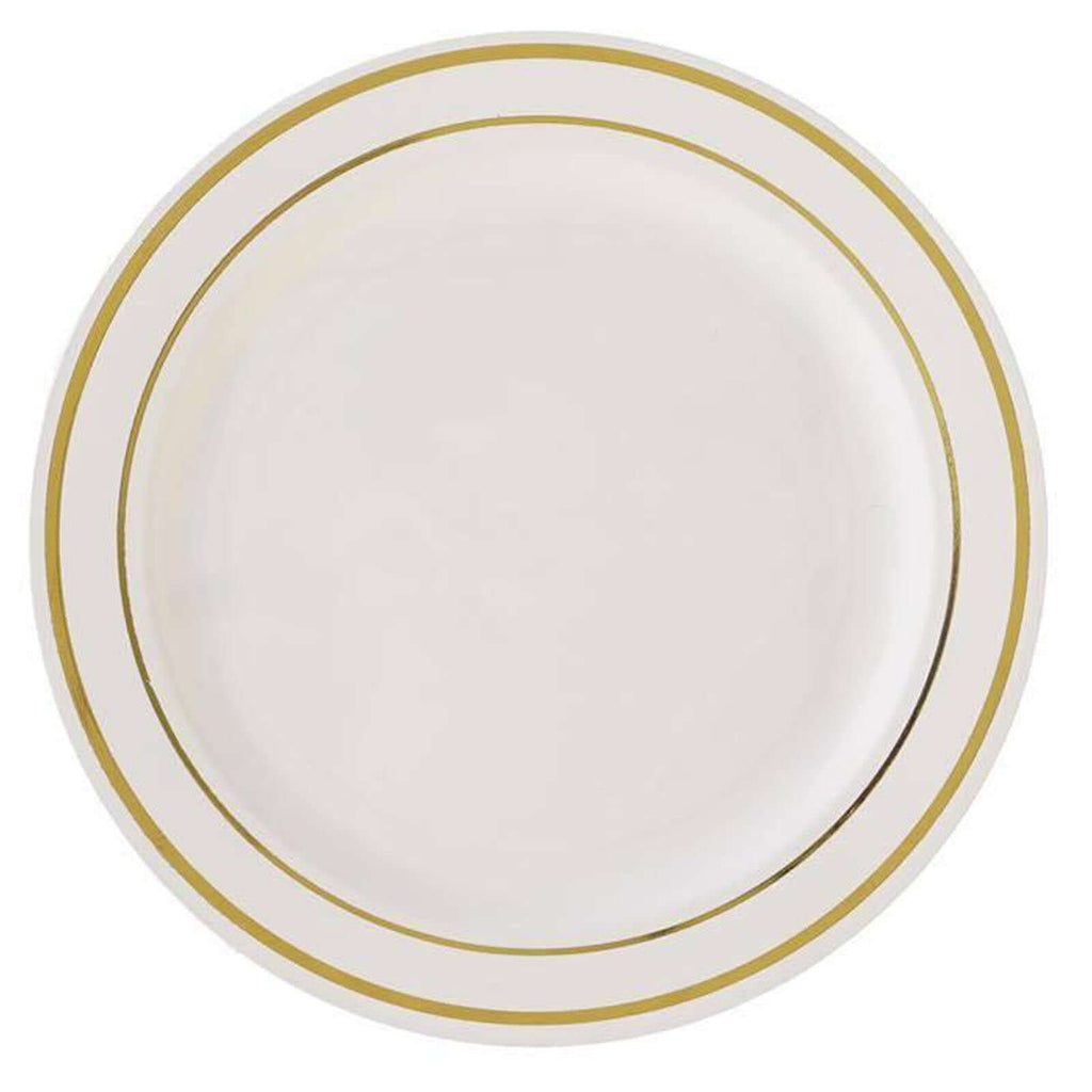 10-Pack Plastic Dessert Plates Ivory with TrÃ¨s Chic Gold Rim - Disposable Plates for Parties 8"