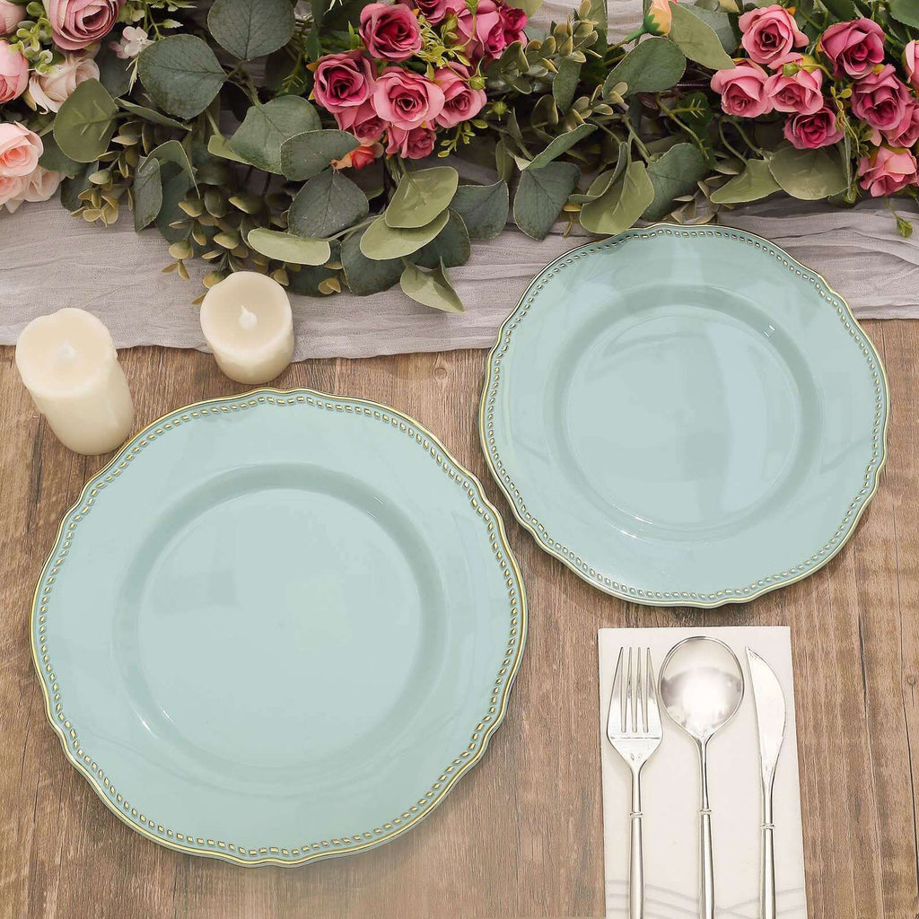 10-Pack Plastic Dinner Plates in Jade with Gold Scalloped Rim - Disposable Party Plates 9"