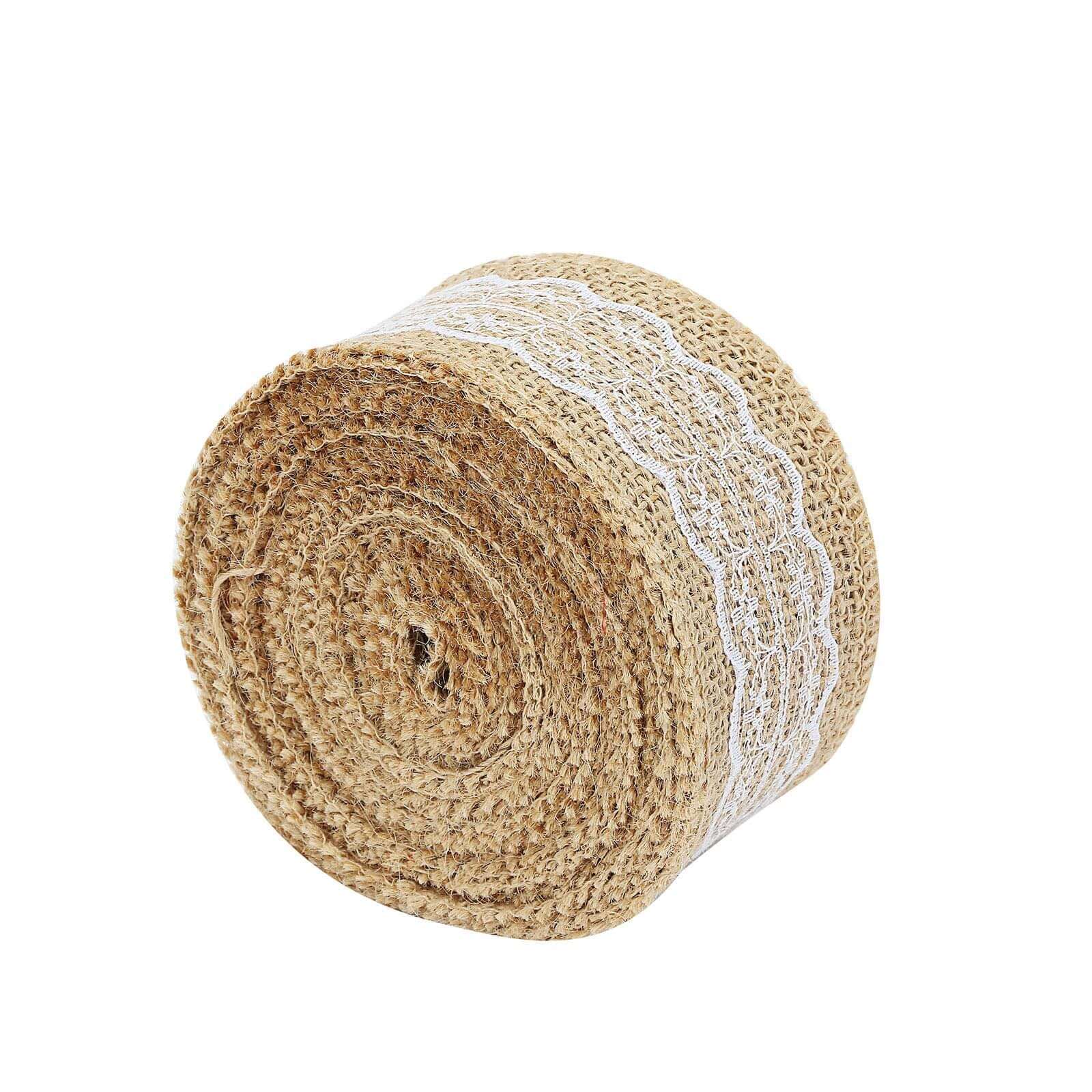 2" x 16FT Natural Jute Burlap Ribbon With Wavy Lace