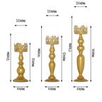 Set of 3 Lace Hurricane Candle Holders Antique Gold with Glass Shades - Chic Pillar Candle Stands 12", 14", 17"