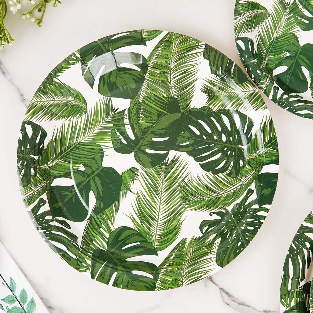 25-Pack Paper 9" Round Dinner Plates in White with Tropical Palm Leaf Design - Disposable 300GSM Party Plates for Luau & Summer Gatherings