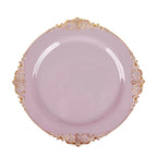 10-Pack Plastic 10" Round Dinner Plates in Lavender Lilac with Gold Leaf Embossed Rim - Disposable Vintage Baroque Style Plates