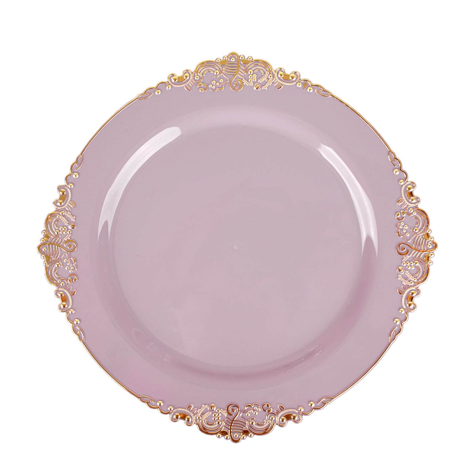 10-Pack Plastic 10" Round Dinner Plates in Lavender Lilac with Gold Leaf Embossed Rim - Disposable Vintage Baroque Style Plates