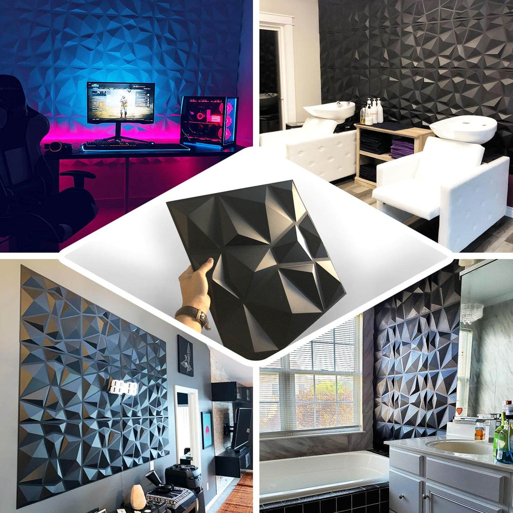 12 Pack 20"x20" Matte Black 3D Texture PVC Diamond Design Wall Tiles, Stick On Waterproof Wall Panels