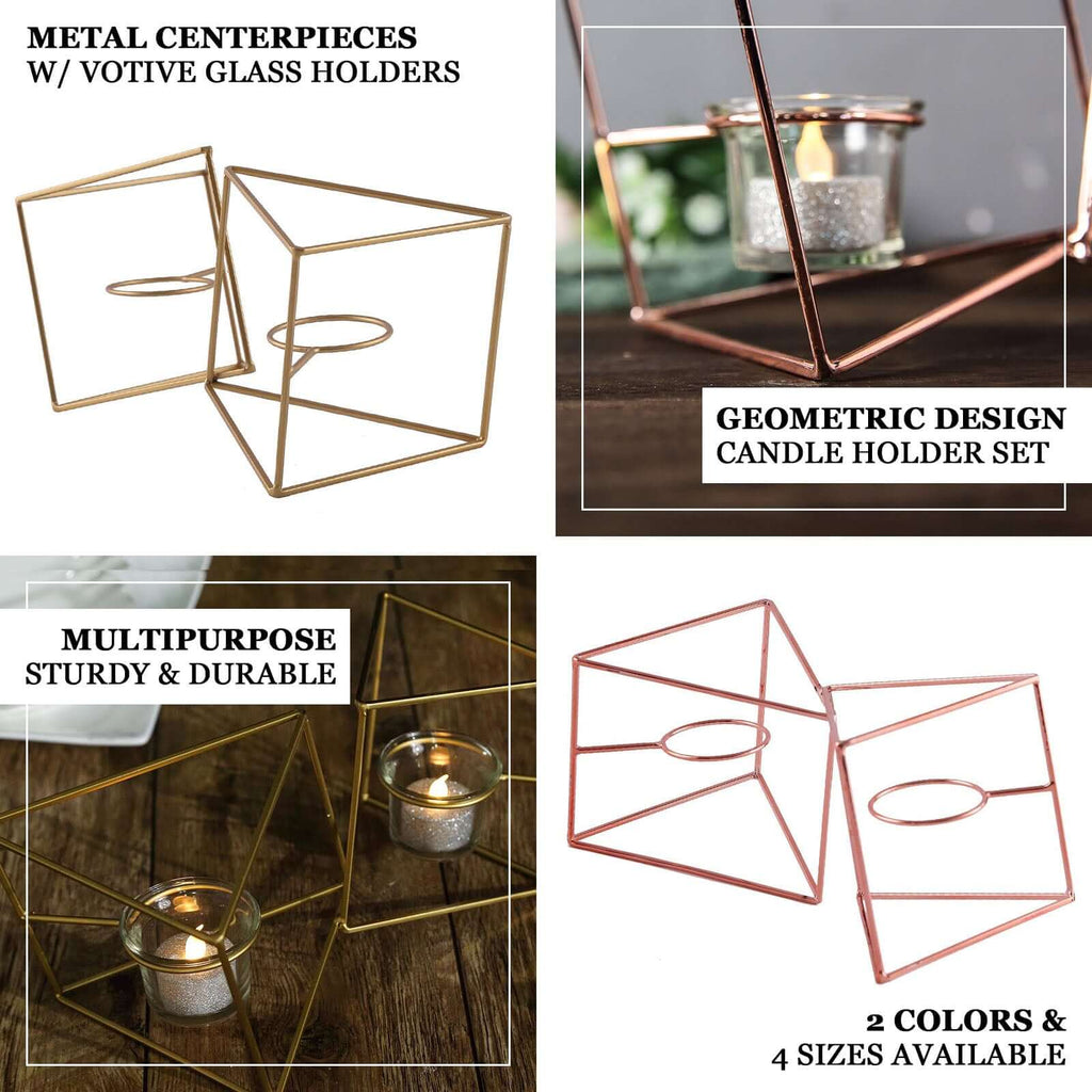 Set of Metal Candle Holders Linked Geometric Design Rose Gold - Chic Votive Glass Decor for Events & Gatherings 9"