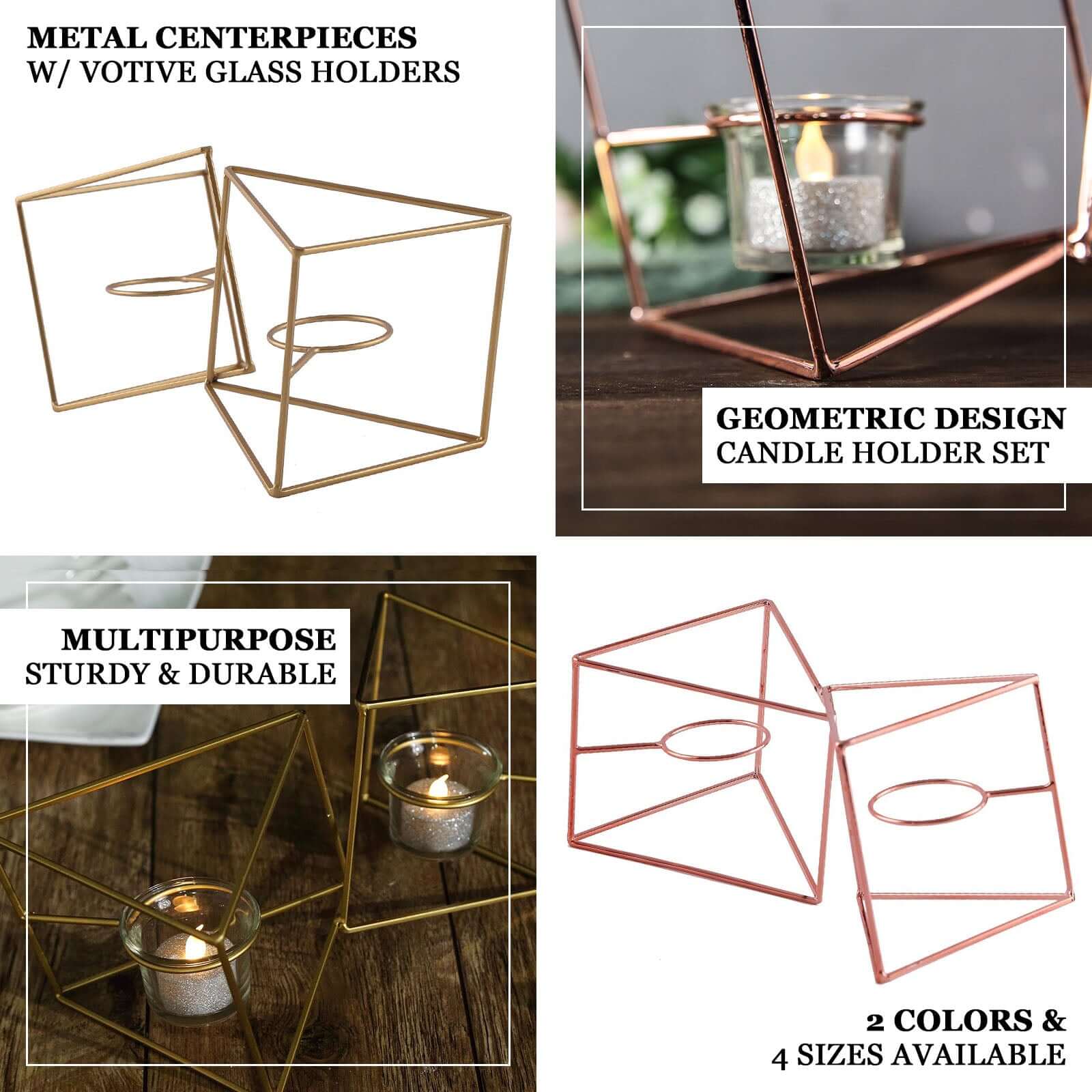 Set of Metal Candle Holders Linked Geometric Design Rose Gold - Chic Votive Glass Decor for Events & Gatherings 9"