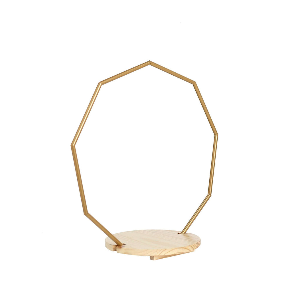 Metal Nonagon Floral Hoop Cake Stand Gold - Chic Geometric Dessert Display DIY Centerpiece Table Decoration With Wooden Base 22"