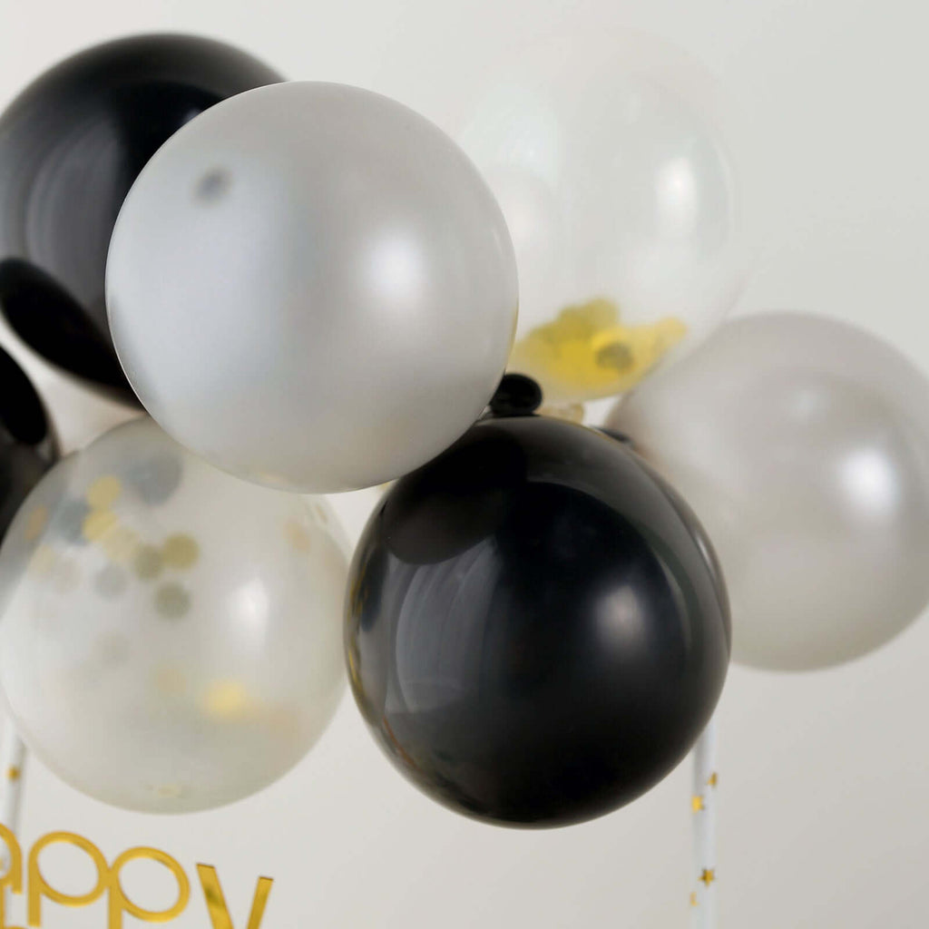 11 Pcs Balloon Cake Topper Black, Silver and Clear - Whimsical Clustered Mini Garland Cake Inserts DIY Party Decorations