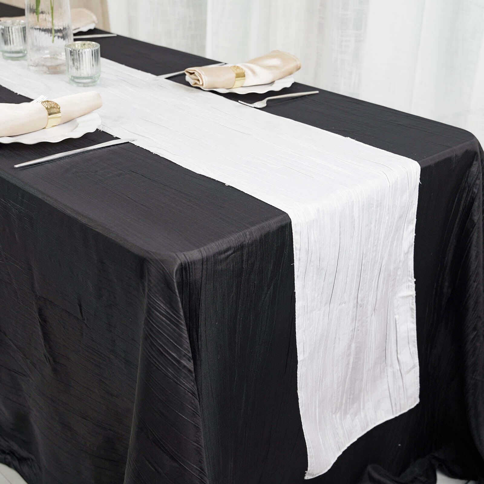 Taffeta 12"x108" Table Runner White - Accordion Crinkle Design for Modern Gatherings