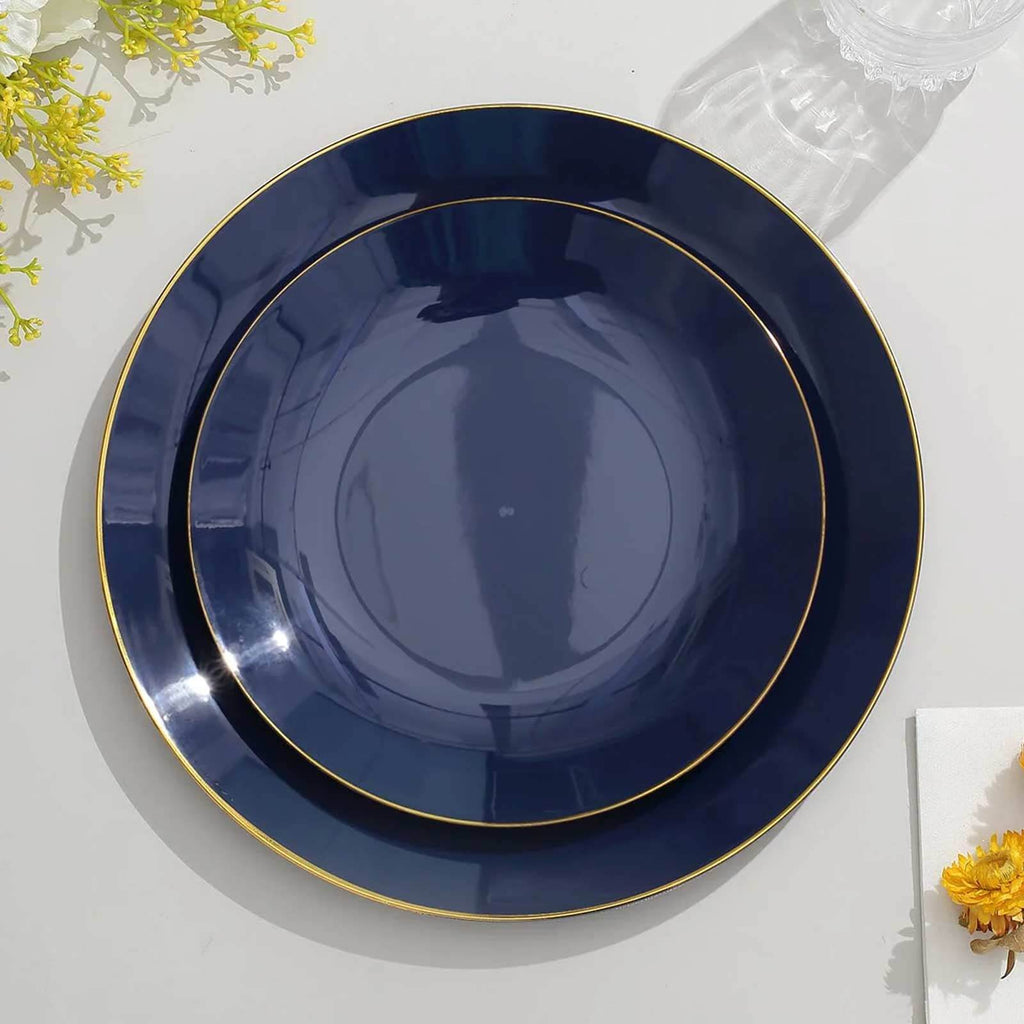 10-Pack Plastic 8" Round Dessert Plates in Navy Blue with Gold Rim - Glossy Disposable Appetizer Salad Plates