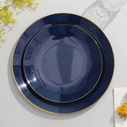 10-Pack Plastic 8" Round Dessert Plates in Navy Blue with Gold Rim - Glossy Disposable Appetizer Salad Plates