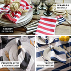 5 Pack Satin 20"x20" Napkins Navy Blue/White - Striped Reusable Dinner Napkins