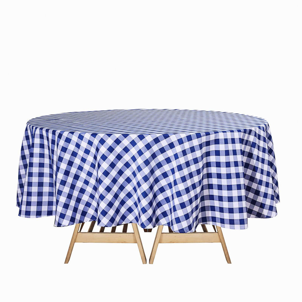 Polyester 90" Round Tablecloth White/Navy Blue - Checkered Buffalo Plaid Table Cover