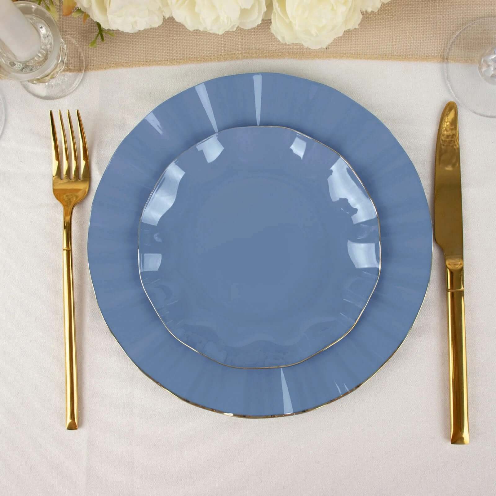 10-Pack Plastic Round 6" Dessert Plates in Ocean Blue Ruffled Rim with Gold Edging - Sturdy Disposable Salad Appetizer Dinnerware
