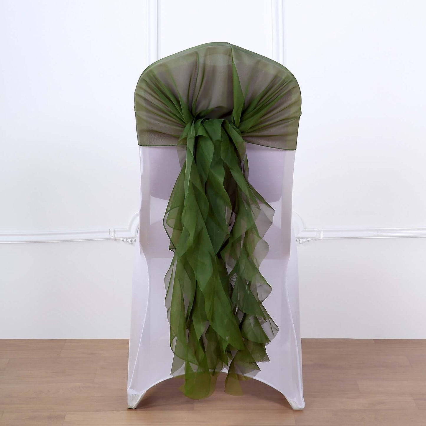 1 Set Chiffon Hoods Chair Sashes with Willow Ruffles Design Olive Green - Stylish Chair Bow Decor