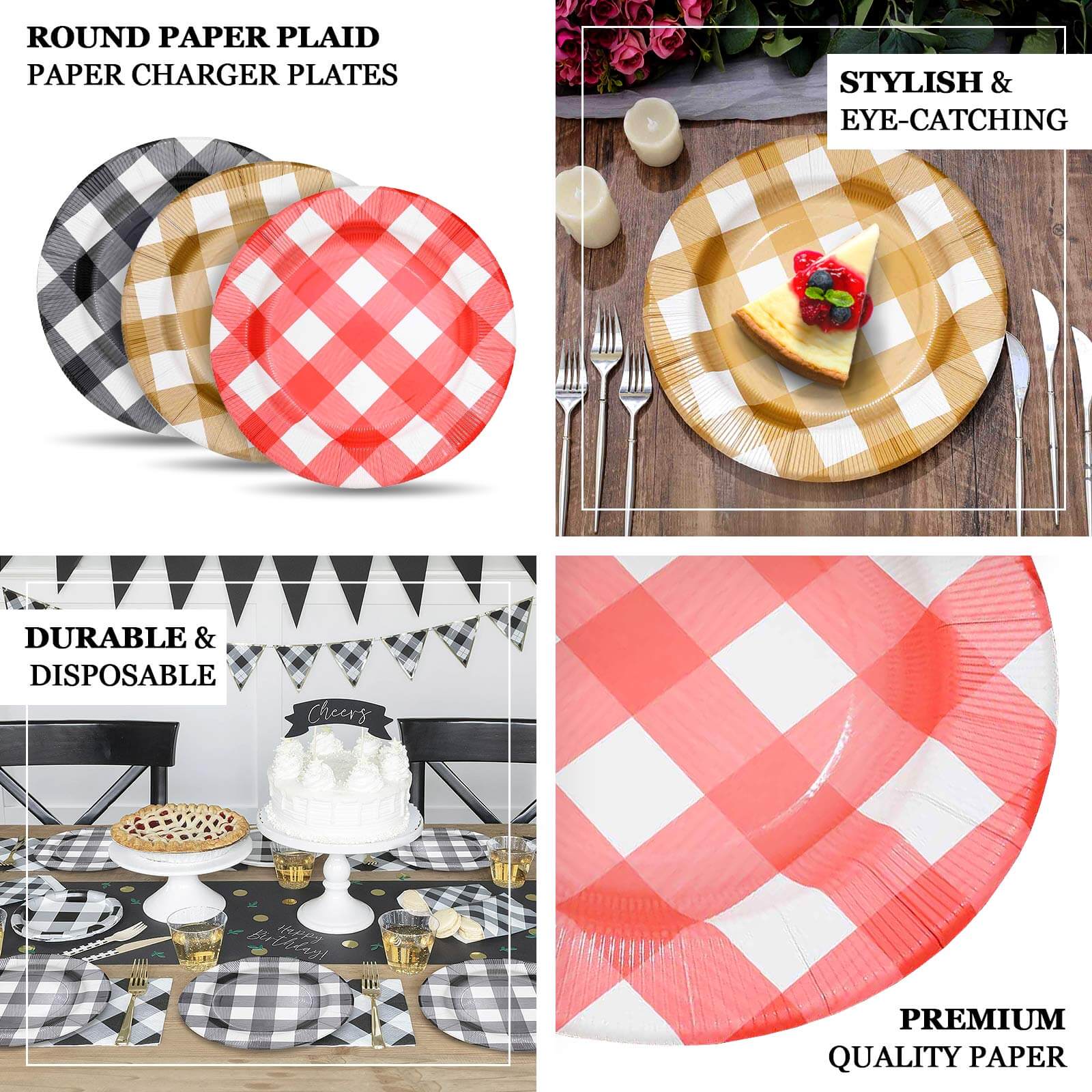 10-Pack Disposable Paper Charger Plates â€“ Red/White Buffalo Plaid 13" Round Table Chargers, 350 GSM Cardstock