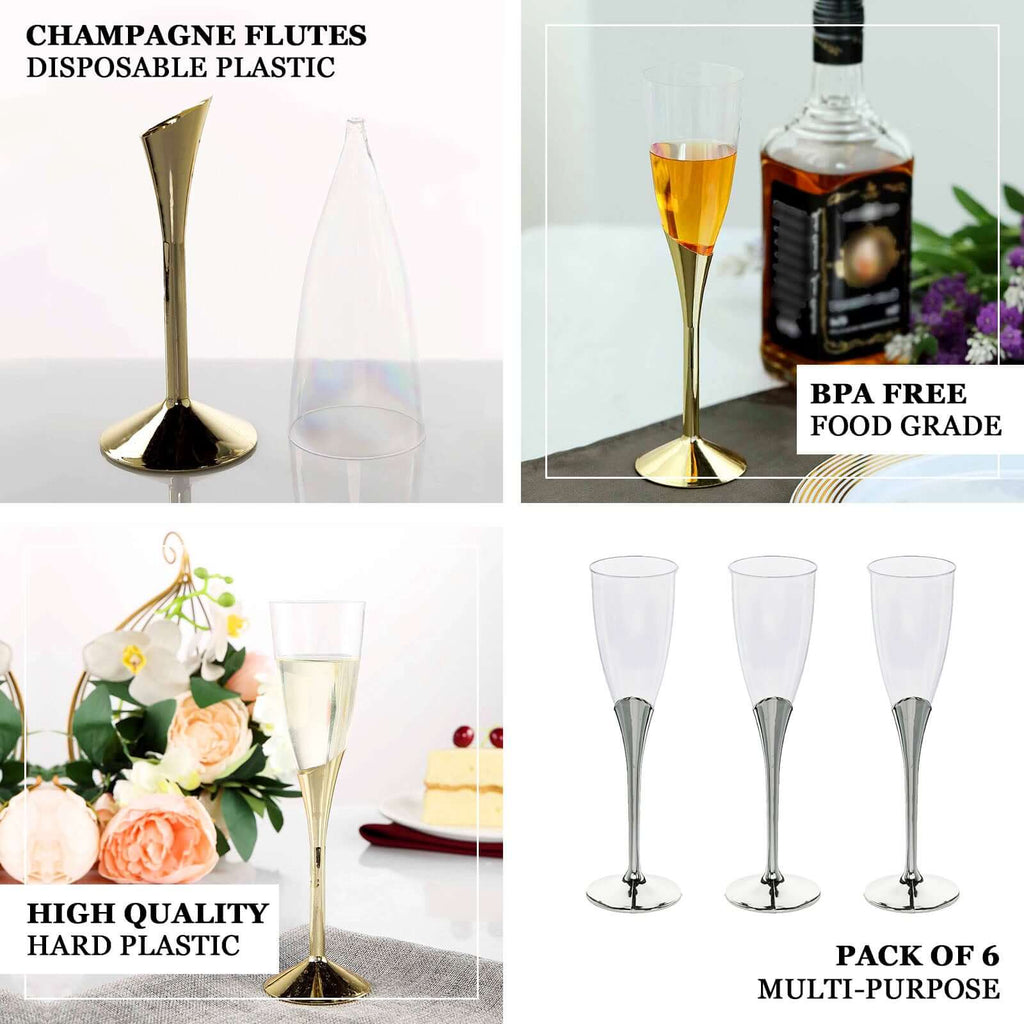 6-Pack Plastic Champagne Flutes Clear/Silver - Stylish Disposable Glasses for Toasts 5oz
