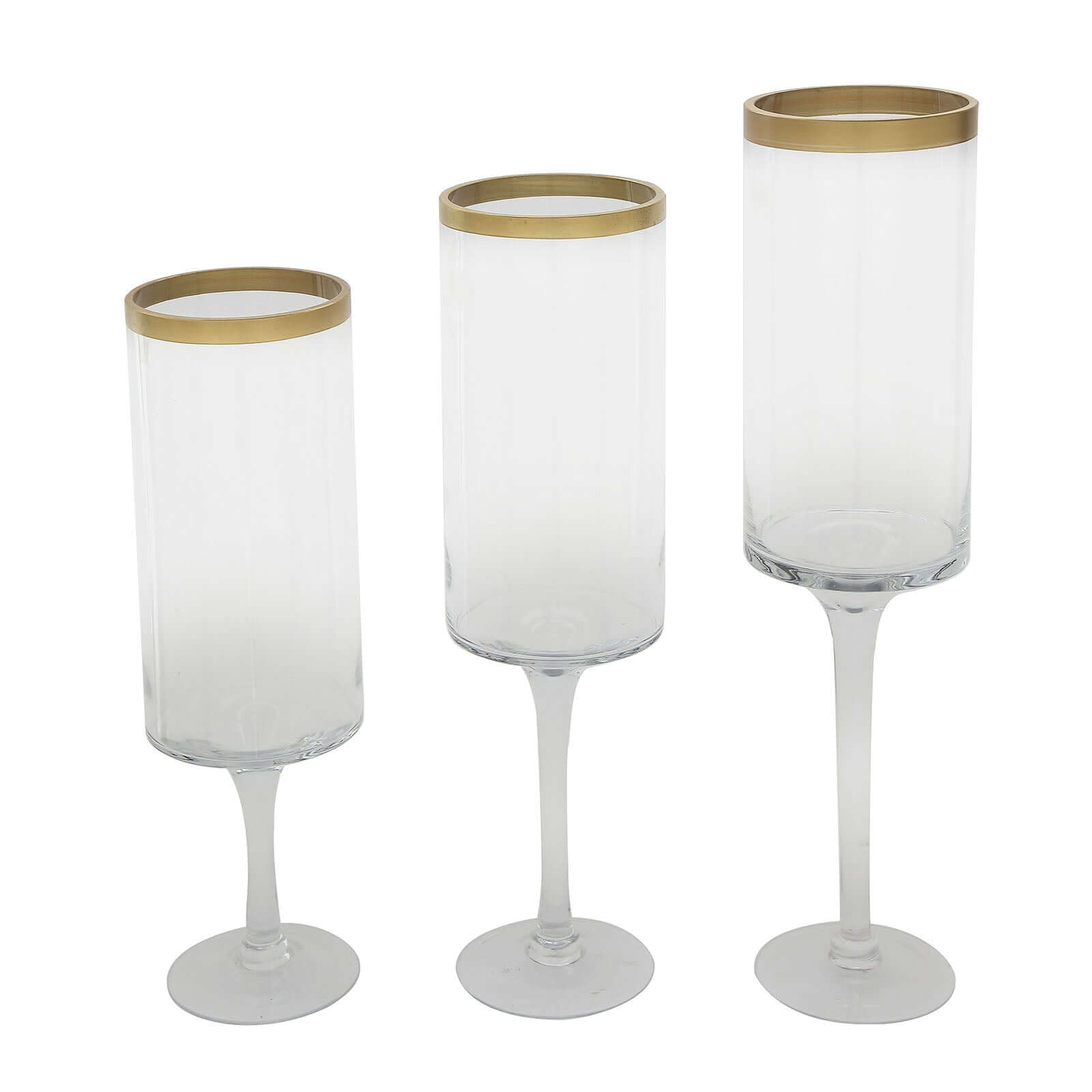 Set of 3 Glass Hurricane Candle Holders Long Stem Clear with Gold Rim - Decorative Pedestal Floral Centerpieces 16", 18", 20"