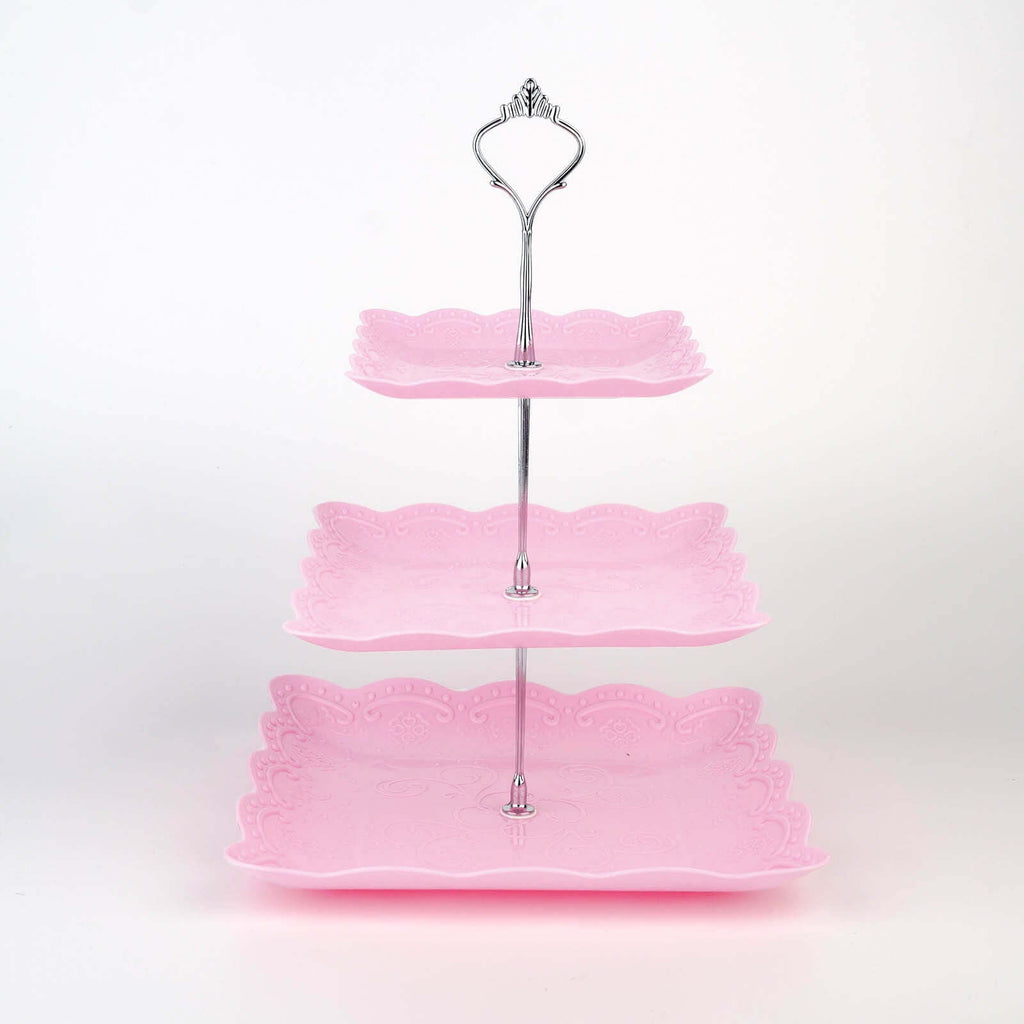 3-Tier Plastic Square Cupcake Stand Tower Pink - Charming Easy to Assemble Dessert Display Serving Tray Platter with Floral Embossed Scalloped Rim & Silver Handle for Tea Parties Weddings & Special Occasions 13"