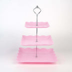 3-Tier Plastic Square Cupcake Stand Tower Pink - Charming Easy to Assemble Dessert Display Serving Tray Platter with Floral Embossed Scalloped Rim & Silver Handle for Tea Parties Weddings & Special Occasions 13"